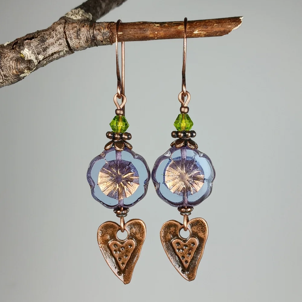 HAND CRAFTED EARRINGS Purple Czech Glass Flower Copper Heart Dangle Drop - Picture 3 of 7